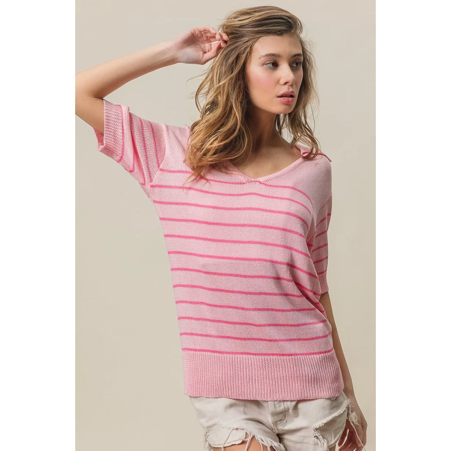 BiBi Stripe Short Sleeves Collared V Neck Top Apparel and Accessories