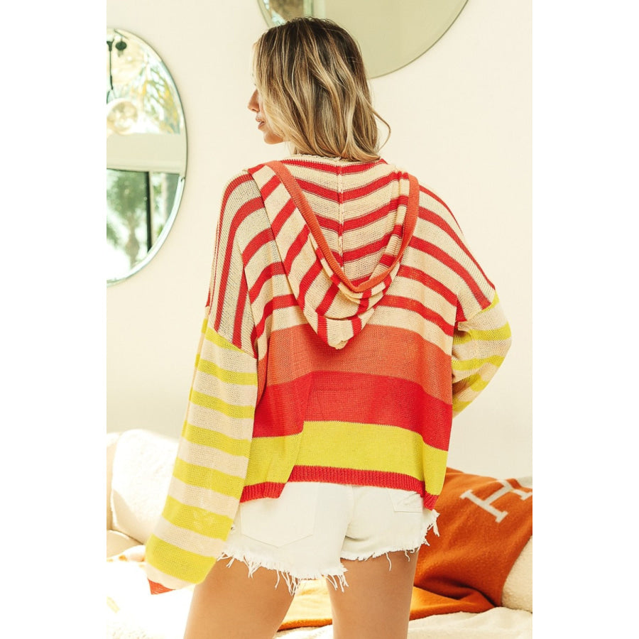 BiBi Striped Color Block Hooded Knit Top Coral/Lime Combo / S Apparel and Accessories