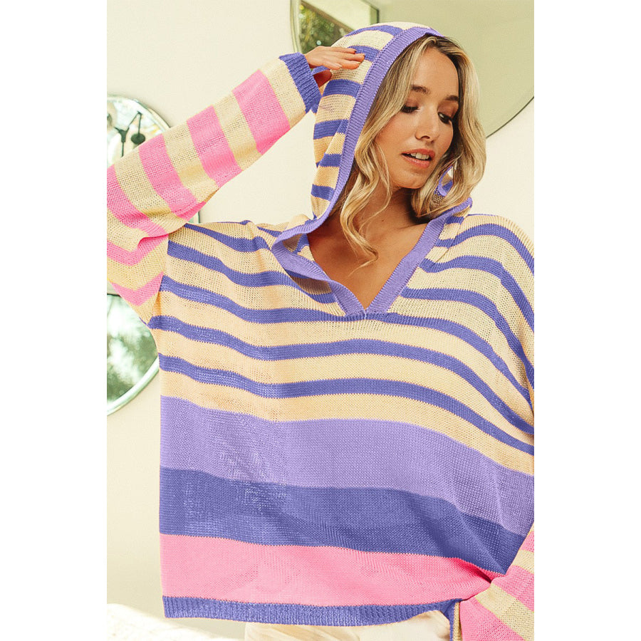 BiBi Striped Color Block Hooded Knit Top Stripe / S Apparel and Accessories