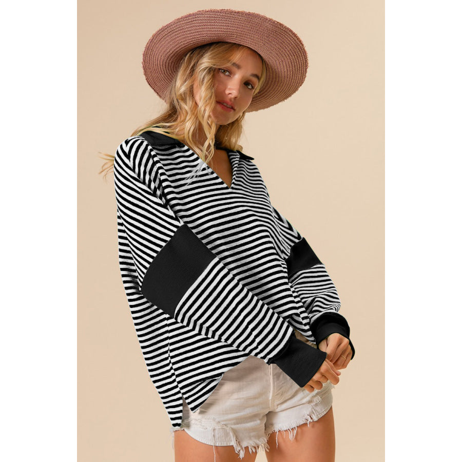 BiBi Striped Contrast Long Sleeve Knit Top Apparel and Accessories