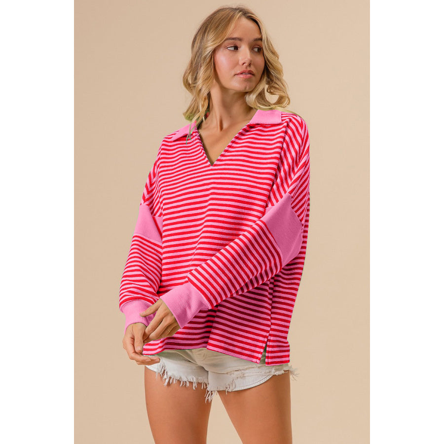 BiBi Striped Contrast Long Sleeve Knit Top Apparel and Accessories