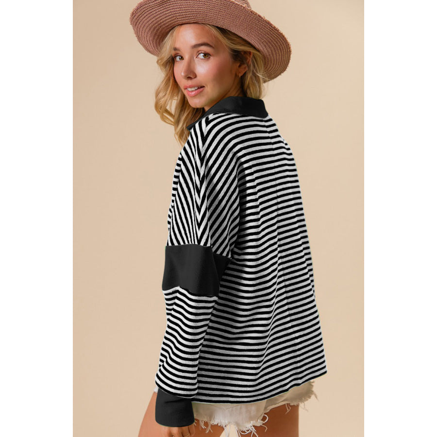 BiBi Striped Contrast Long Sleeve Knit Top Apparel and Accessories