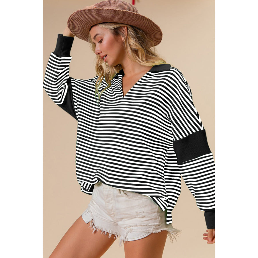 BiBi Striped Contrast Long Sleeve Knit Top Black / S Apparel and Accessories