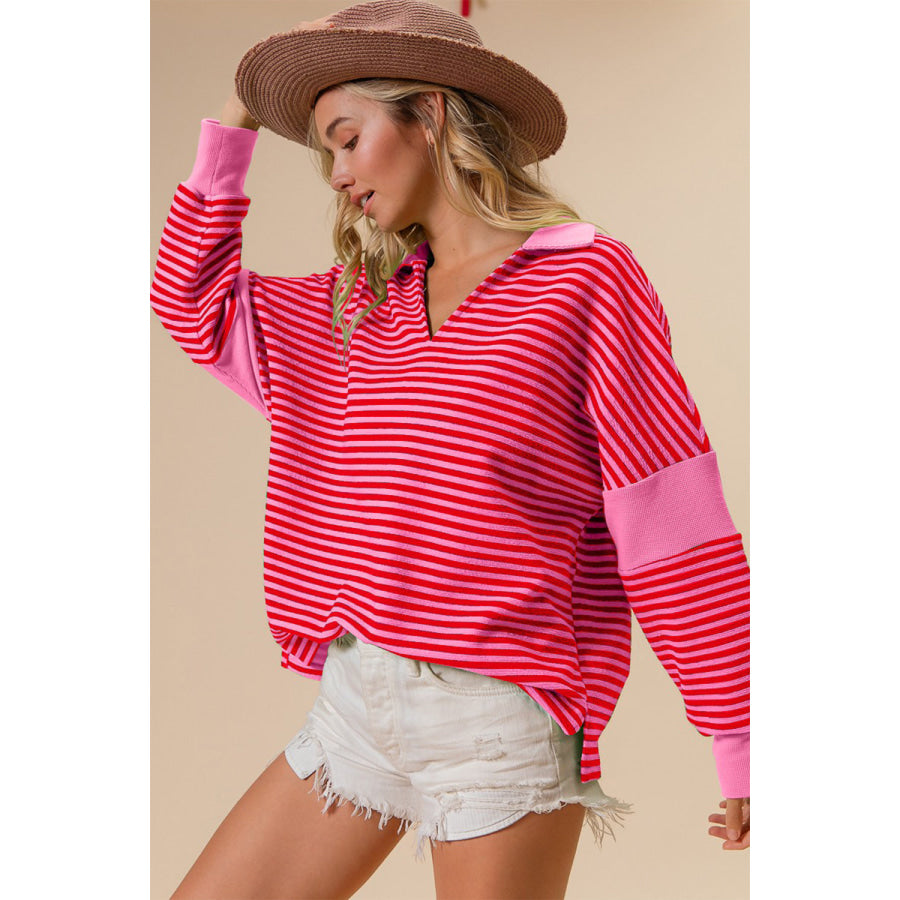 BiBi Striped Contrast Long Sleeve Knit Top Pink / S Apparel and Accessories