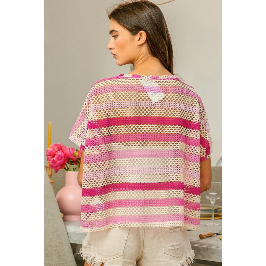 BiBi Striped Openwork Short Sleeve Knit Cover Up Fuchsia Combo / S Apparel and Accessories