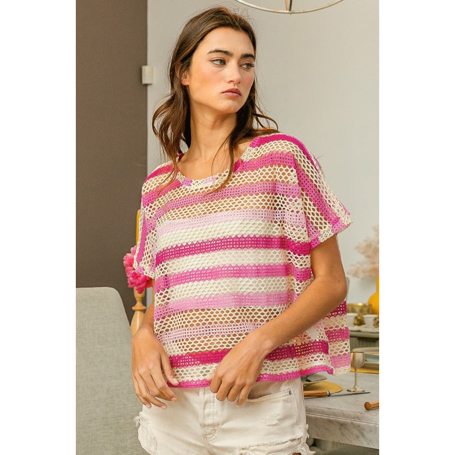 BiBi Striped Openwork Short Sleeve Knit Cover Up Apparel and Accessories