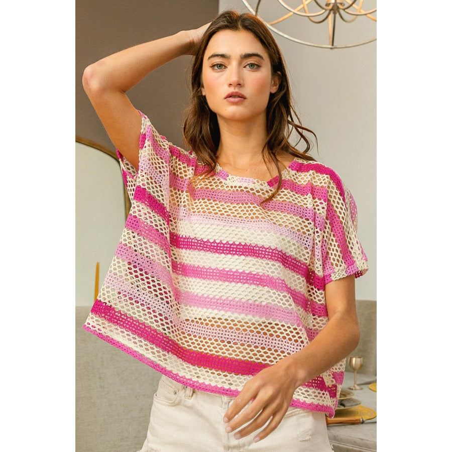 BiBi Striped Openwork Short Sleeve Knit Cover Up Fuchsia Combo / S Apparel and Accessories