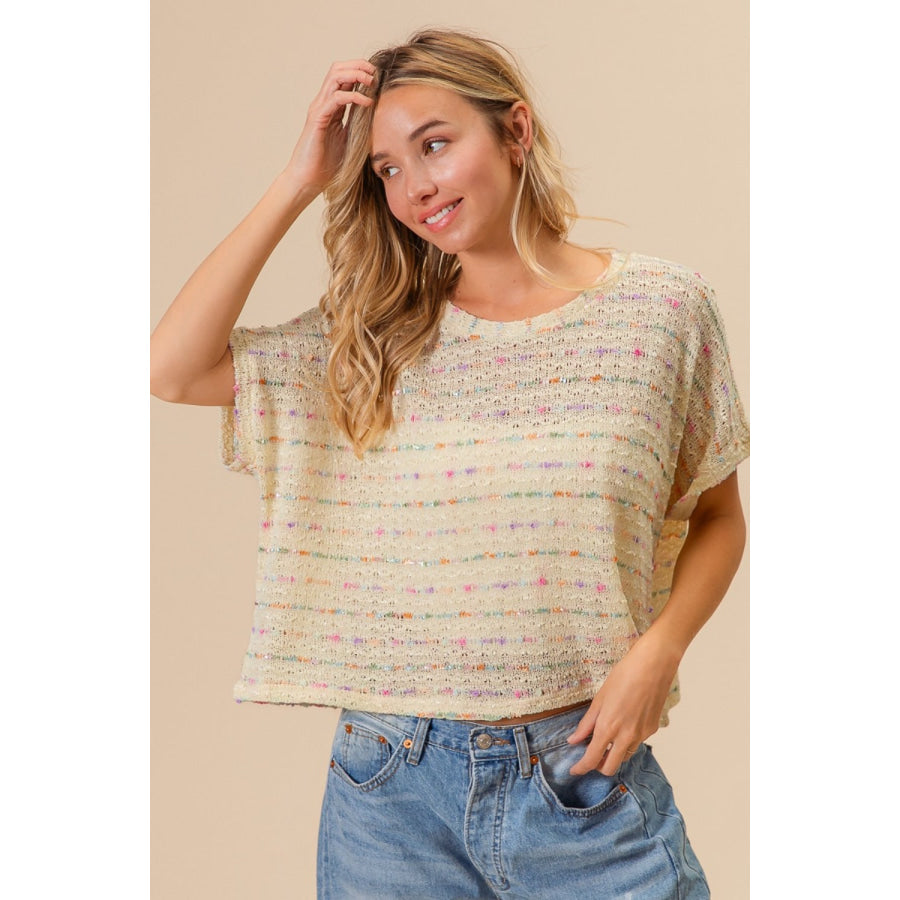 BiBi Striped Popcorn Knit Top Oatmeal Multi / S Apparel and Accessories