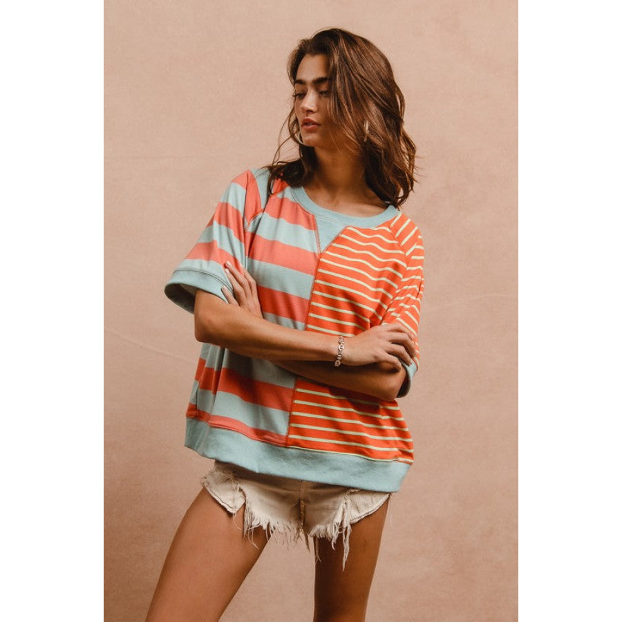 BiBi Striped Round Neck Half Sleeve French Terry Top Apparel and Accessories