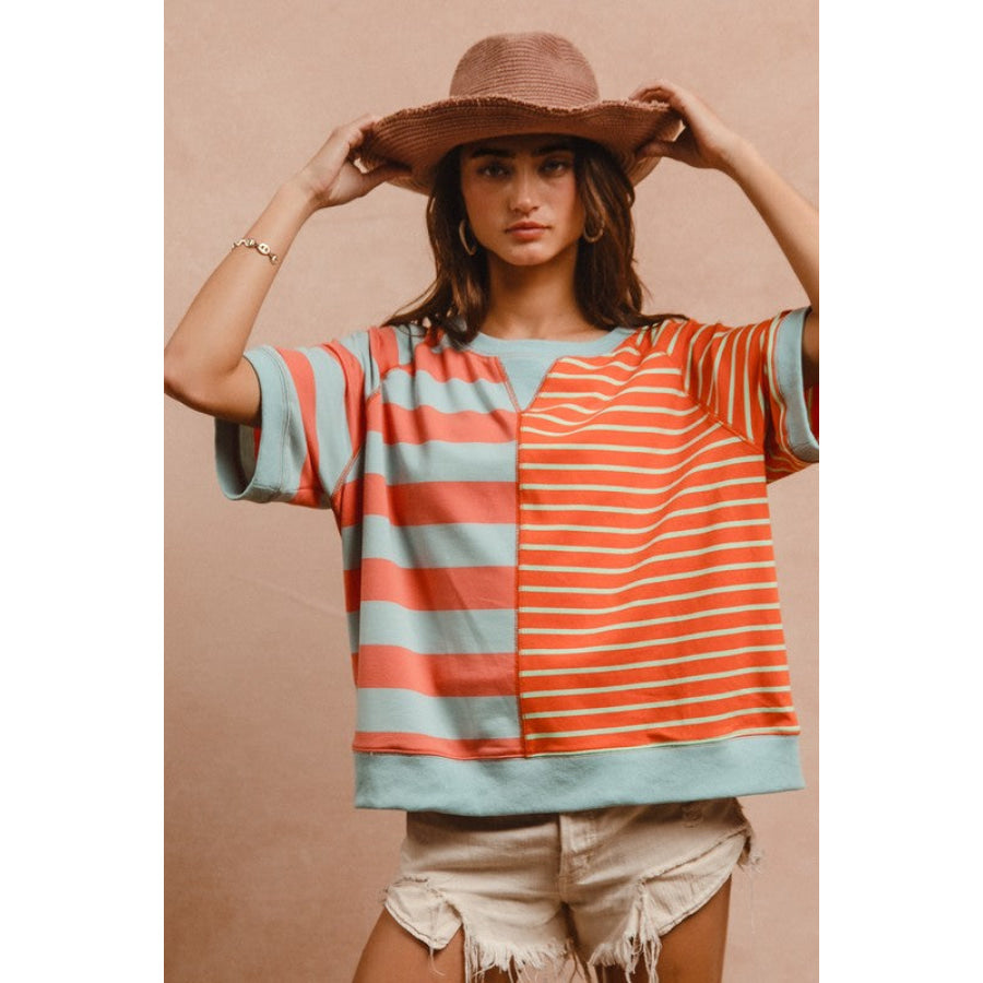 BiBi Striped Round Neck Half Sleeve French Terry Top Coral/Blue / S Apparel and Accessories