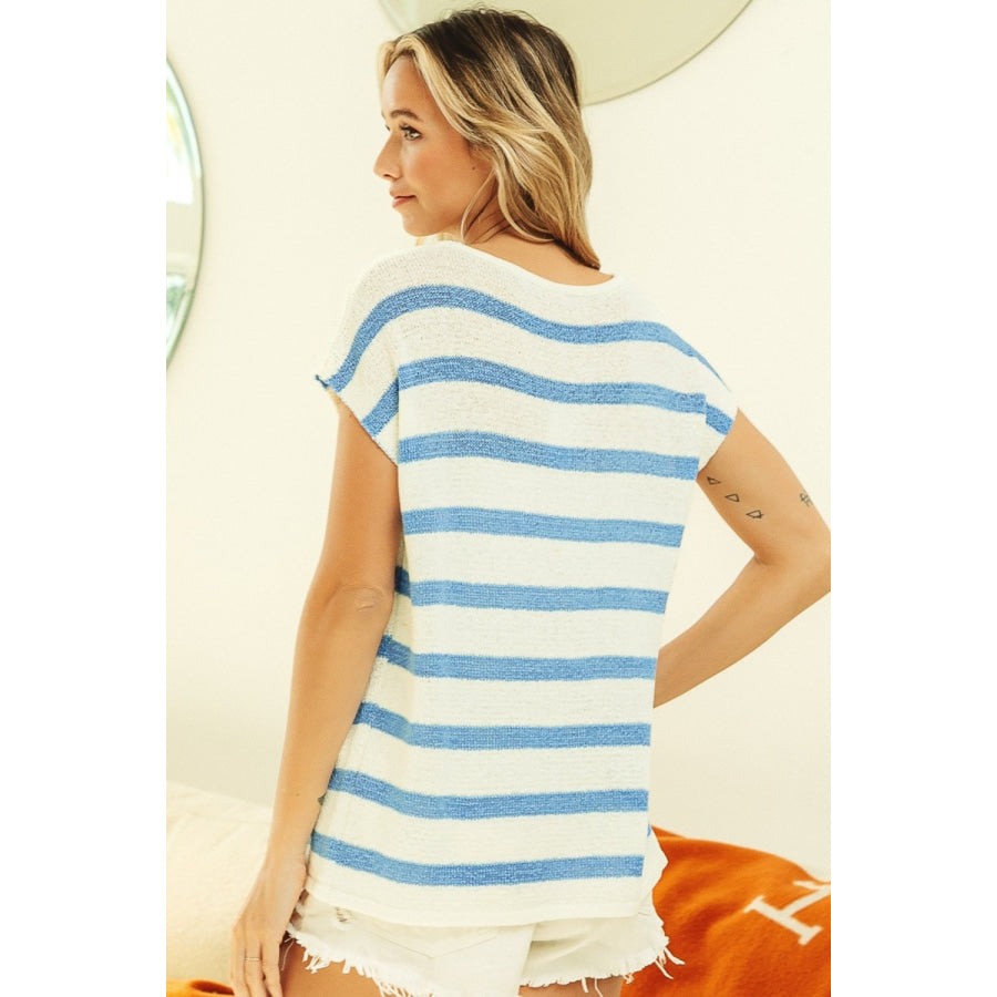 BiBi Striped Round Neck Short Sleeve Knit Top Apparel and Accessories