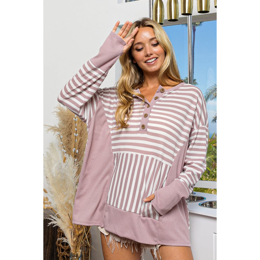 BiBi Striped Thumbhole Long Sleeve Top Apparel and Accessories