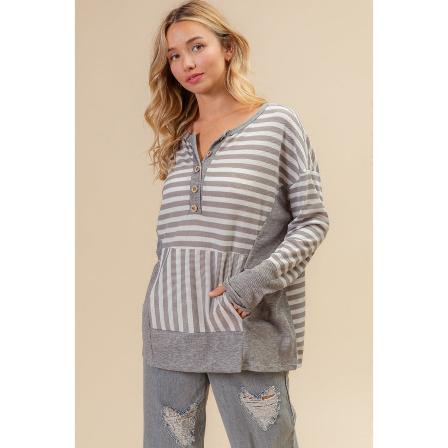 BiBi Striped Thumbhole Long Sleeve Top Apparel and Accessories