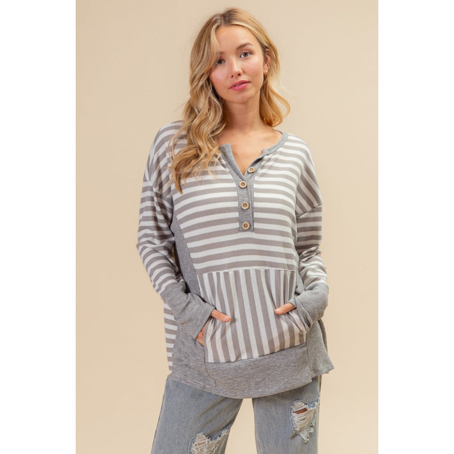 BiBi Striped Thumbhole Long Sleeve Top Apparel and Accessories