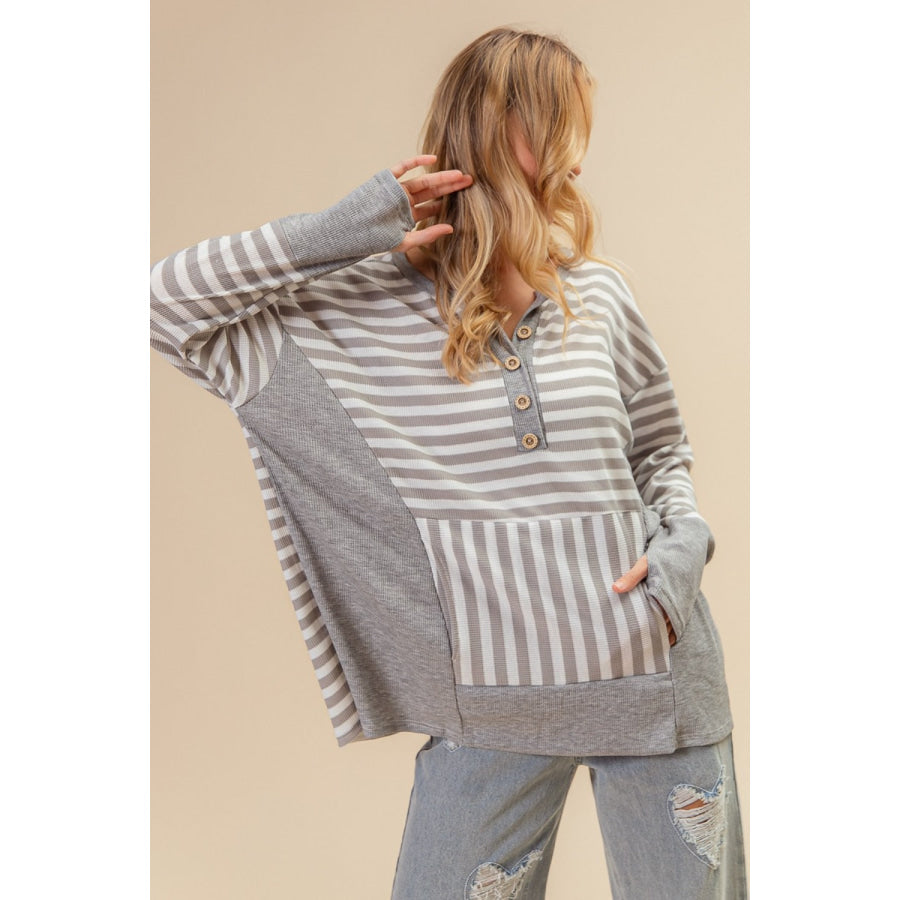 BiBi Striped Thumbhole Long Sleeve Top Apparel and Accessories