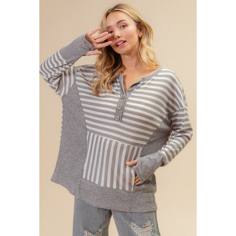 BiBi Striped Thumbhole Long Sleeve Top Grey / S Apparel and Accessories