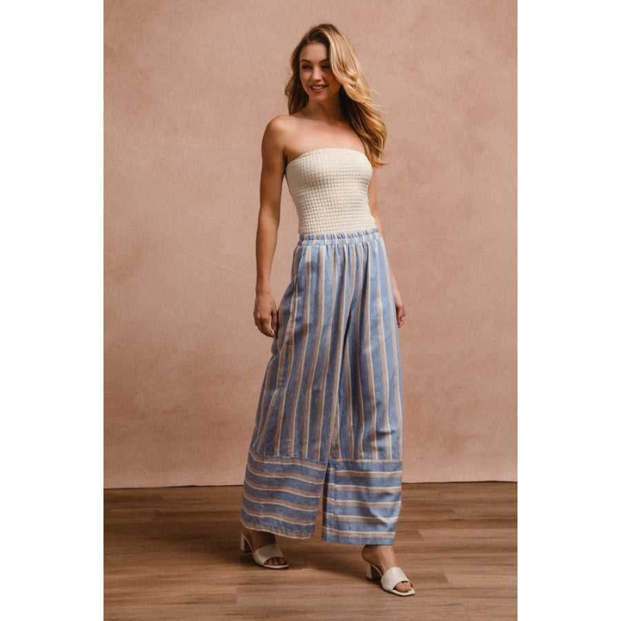 BiBi Striped Wide Leg Pants with Pockets Apparel and Accessories