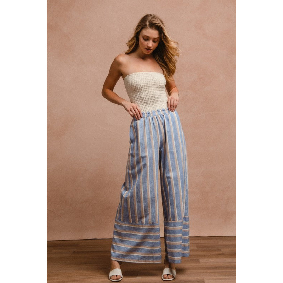 BiBi Striped Wide Leg Pants with Pockets Apparel and Accessories