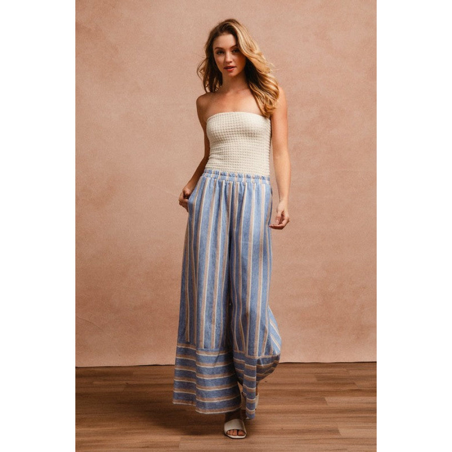 BiBi Striped Wide Leg Pants with Pockets Apparel and Accessories