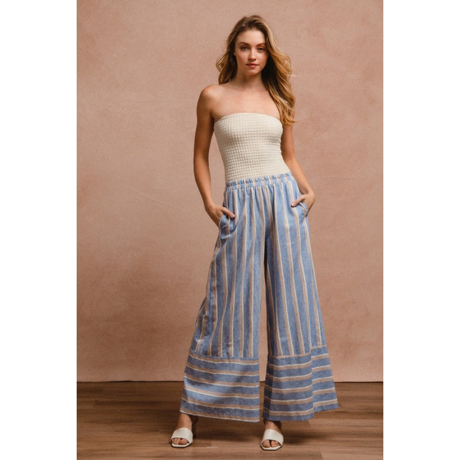 BiBi Striped Wide Leg Pants with Pockets Apparel and Accessories