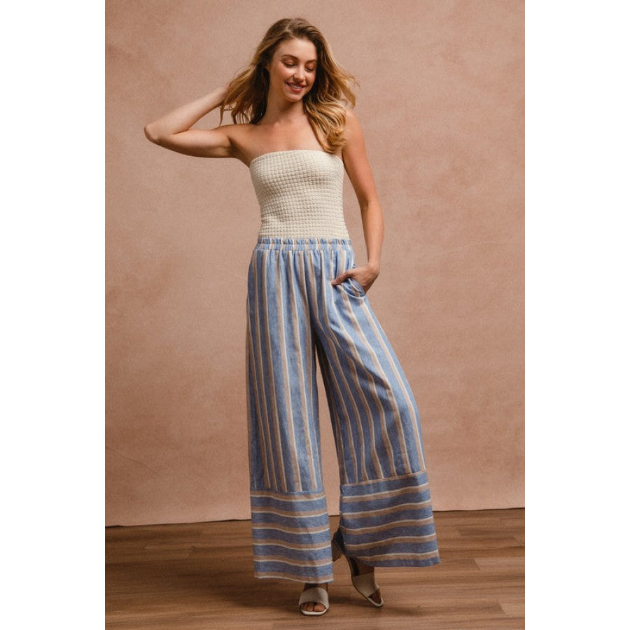 BiBi Striped Wide Leg Pants with Pockets Apparel and Accessories