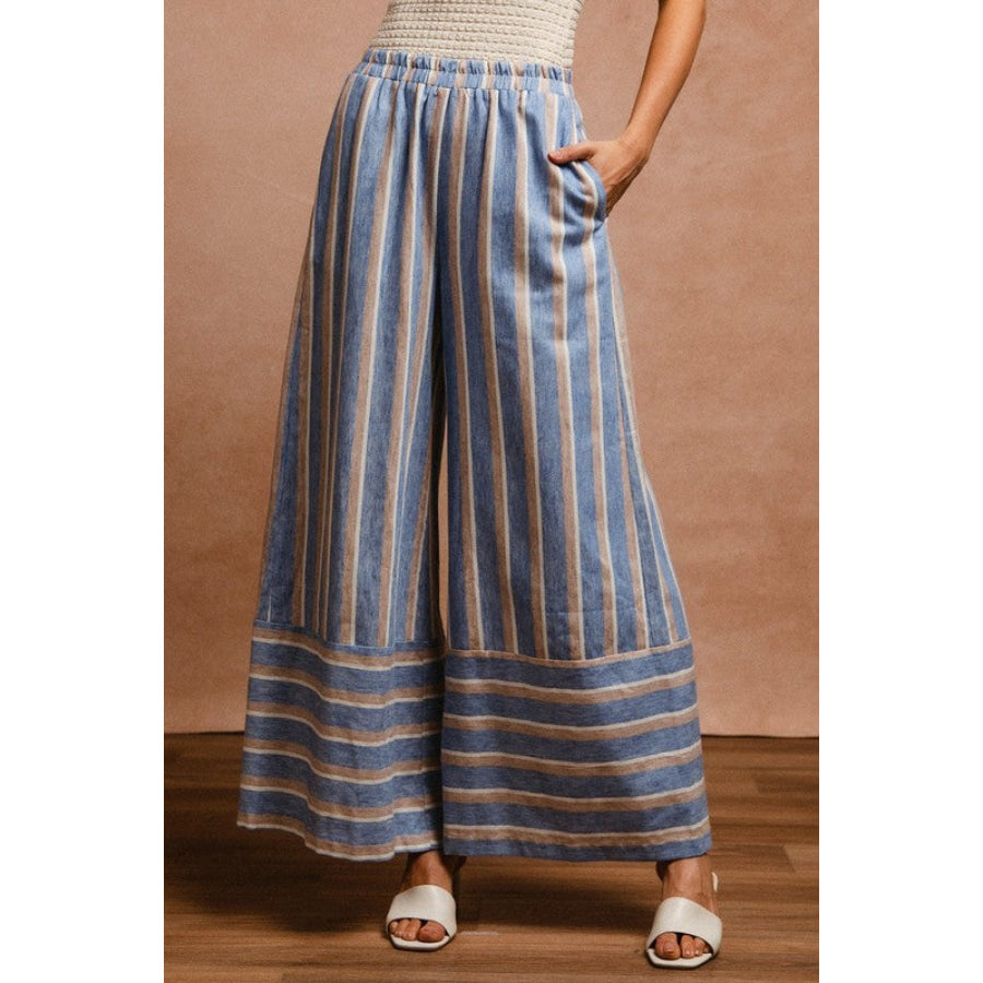 BiBi Striped Wide Leg Pants with Pockets DENIM COMBO / S Apparel and Accessories