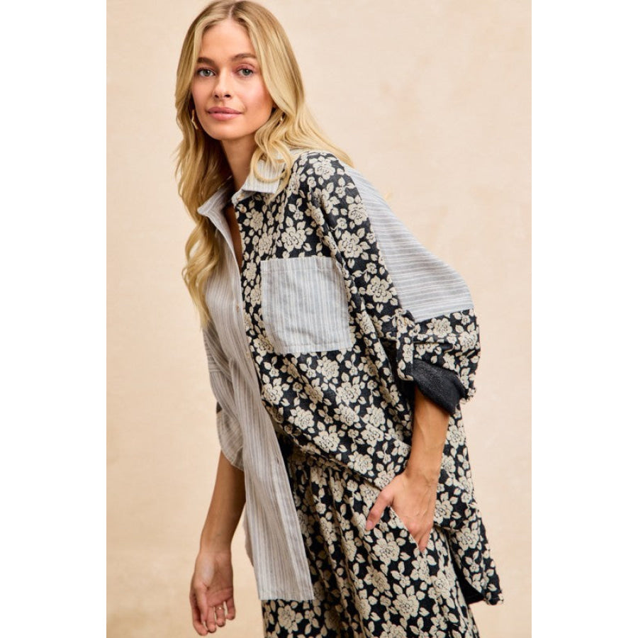 BiBi Stripes Jacquard Floral Mix And Match Shirt Top Apparel and Accessories