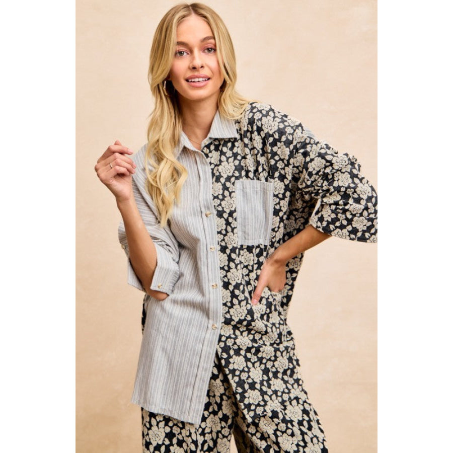 BiBi Stripes Jacquard Floral Mix And Match Shirt Top Apparel and Accessories