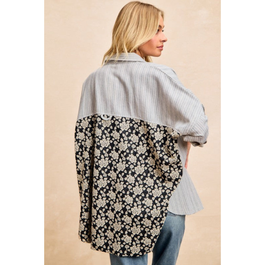 BiBi Stripes Jacquard Floral Mix And Match Shirt Top Apparel and Accessories