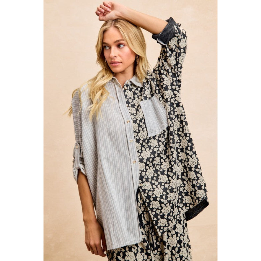 BiBi Stripes Jacquard Floral Mix And Match Shirt Top Apparel and Accessories
