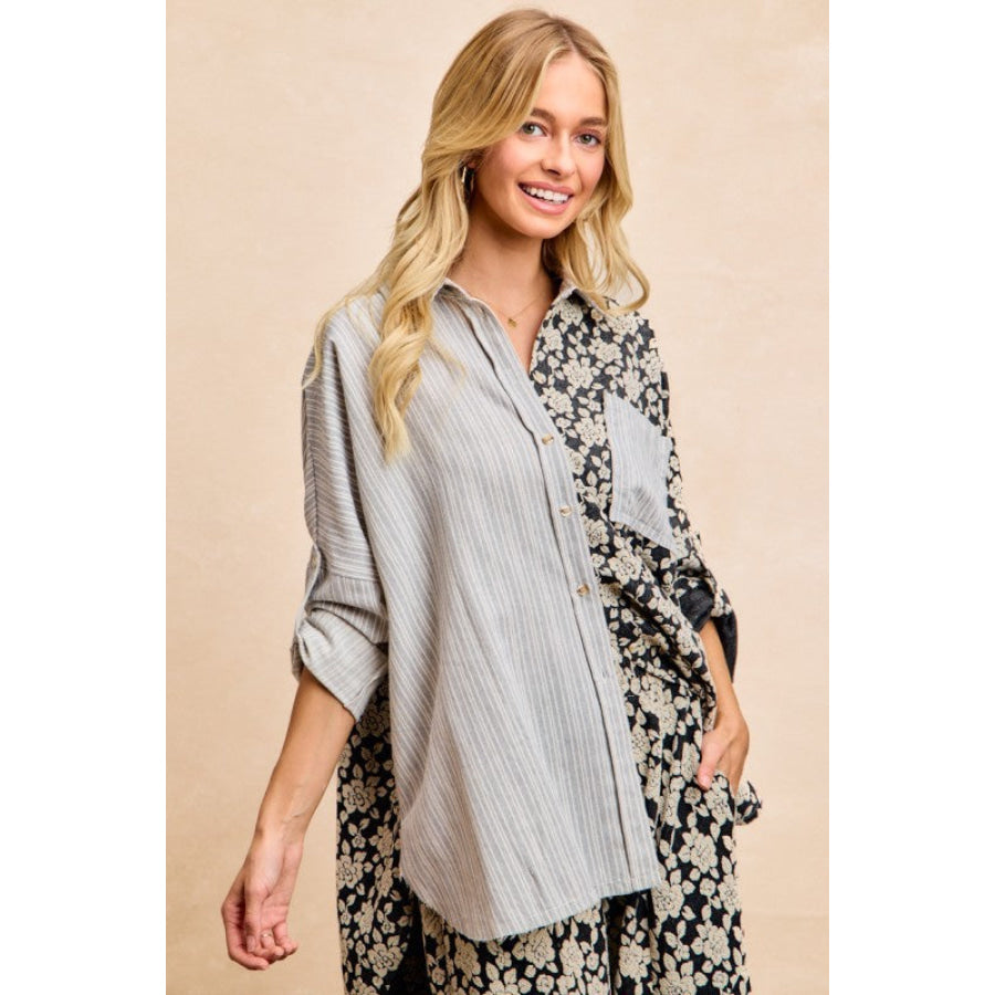 BiBi Stripes Jacquard Floral Mix And Match Shirt Top Apparel and Accessories