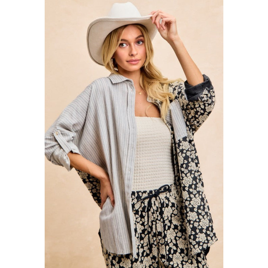 BiBi Stripes Jacquard Floral Mix And Match Shirt Top Apparel and Accessories
