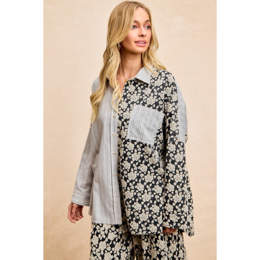 BiBi Stripes Jacquard Floral Mix And Match Shirt Top Apparel and Accessories