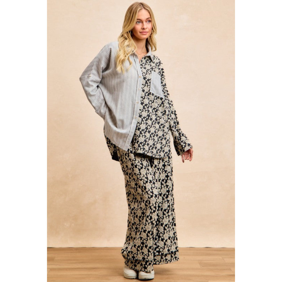 BiBi Stripes Jacquard Floral Mix And Match Shirt Top Apparel and Accessories