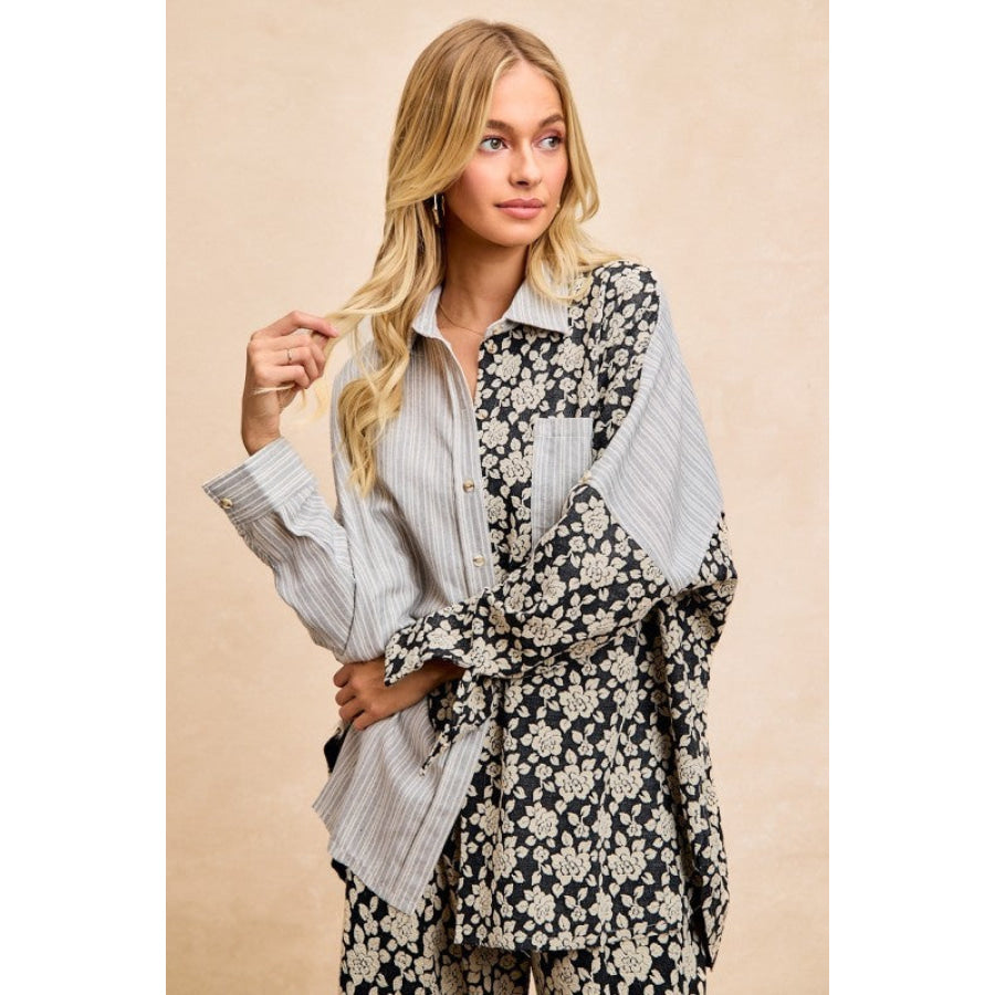 BiBi Stripes Jacquard Floral Mix And Match Shirt Top GREY/GREY FLOWER / S Apparel and Accessories
