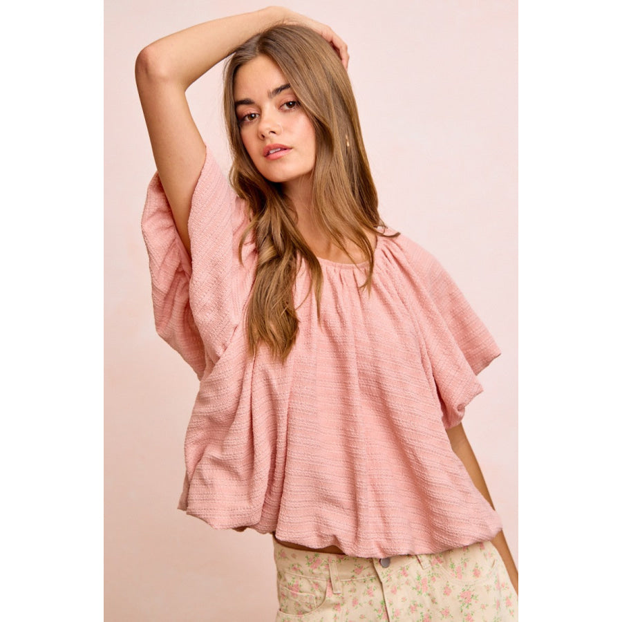 BiBi Stripes Textured Shirred Neckline Bubble Hem Top Apparel and Accessories