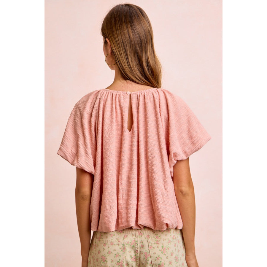 BiBi Stripes Textured Shirred Neckline Bubble Hem Top Apparel and Accessories