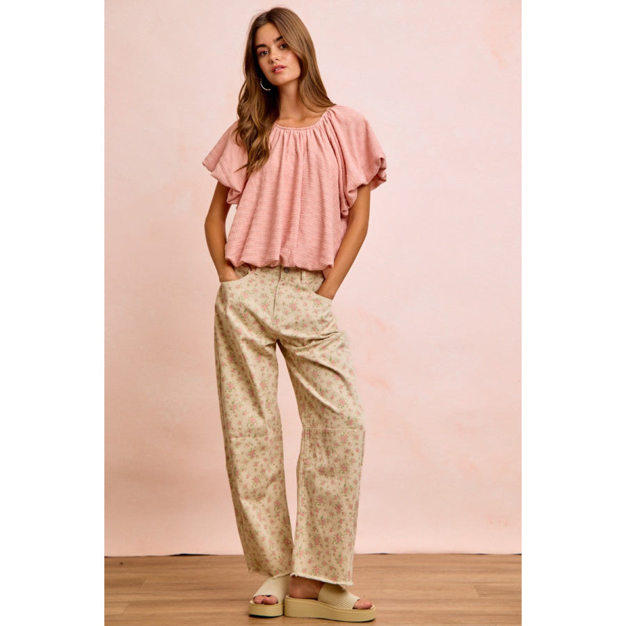 BiBi Stripes Textured Shirred Neckline Bubble Hem Top Apparel and Accessories