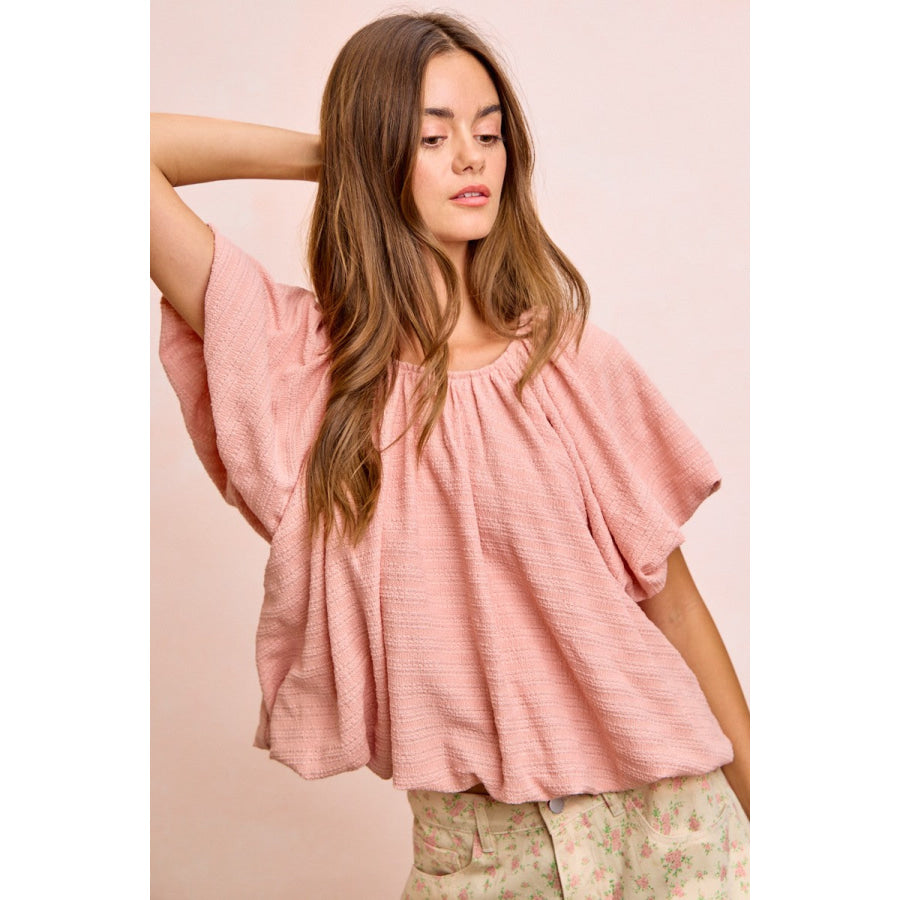 BiBi Stripes Textured Shirred Neckline Bubble Hem Top Apparel and Accessories