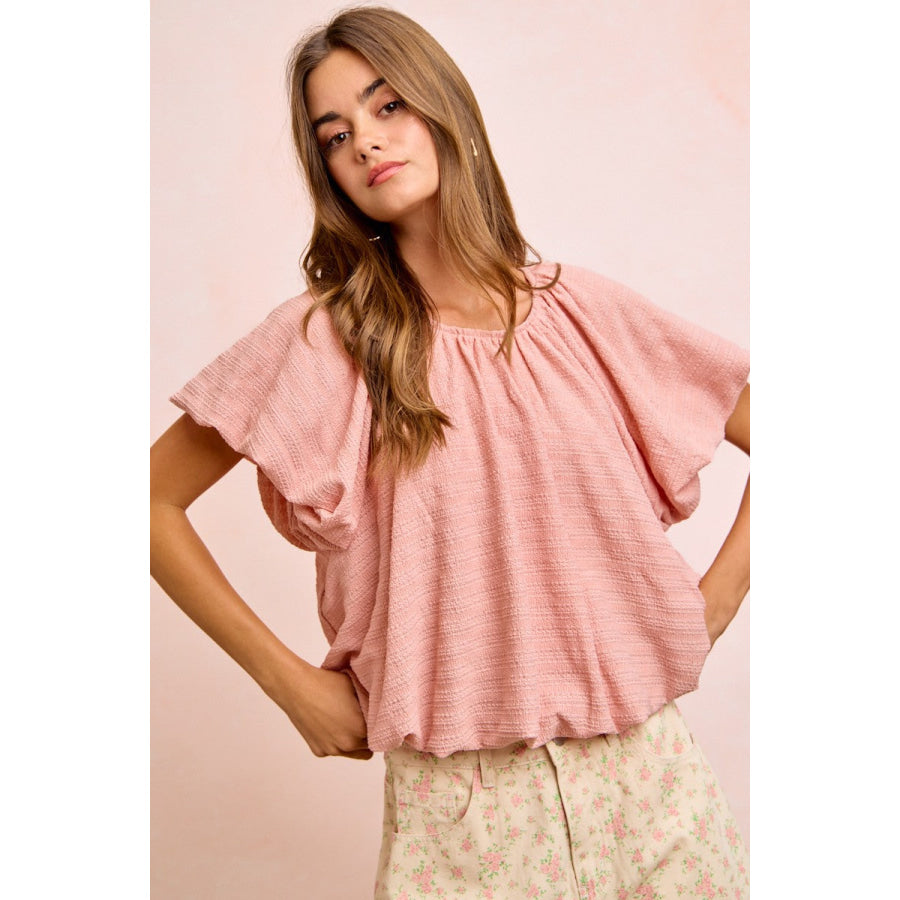 BiBi Stripes Textured Shirred Neckline Bubble Hem Top Apparel and Accessories