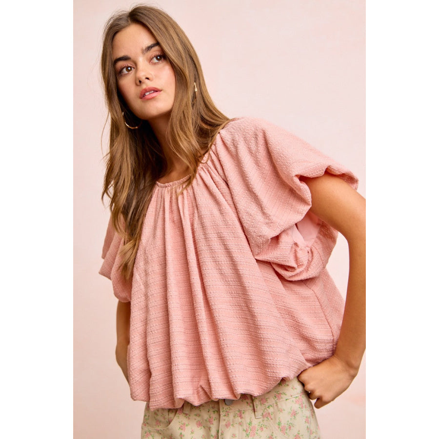 BiBi Stripes Textured Shirred Neckline Bubble Hem Top Apparel and Accessories