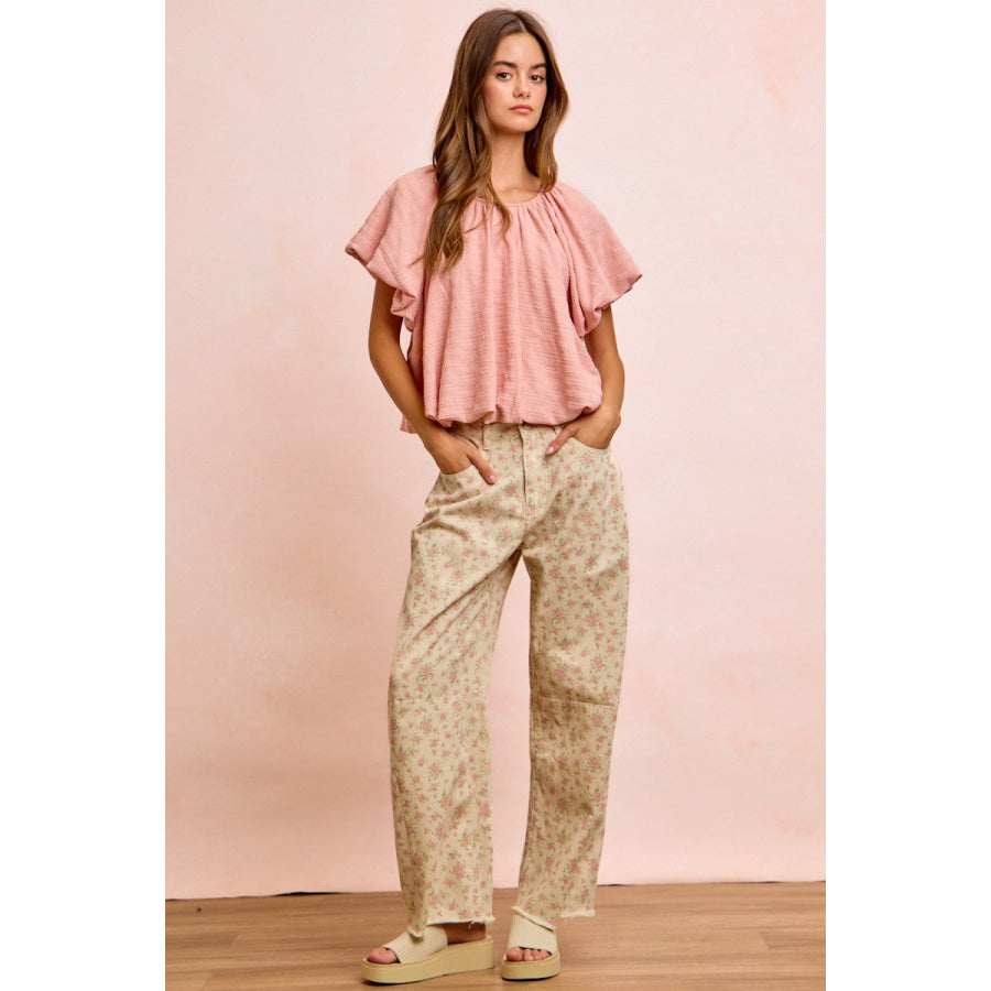 BiBi Stripes Textured Shirred Neckline Bubble Hem Top Apparel and Accessories