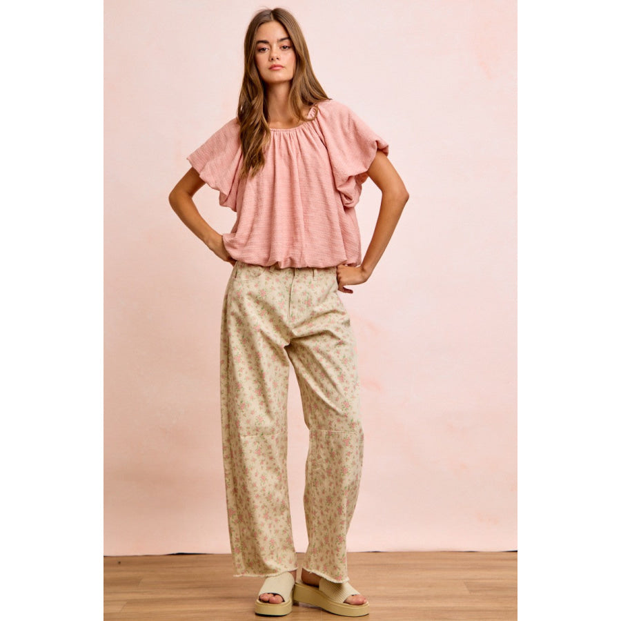BiBi Stripes Textured Shirred Neckline Bubble Hem Top Apparel and Accessories