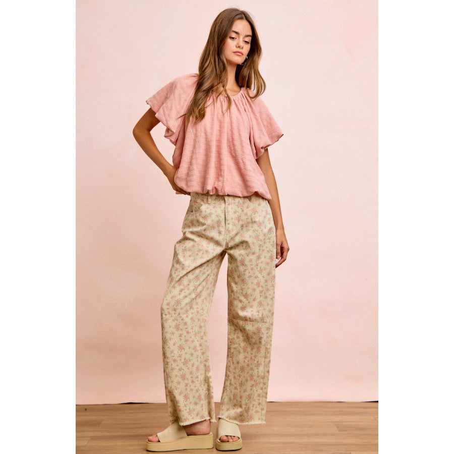 BiBi Stripes Textured Shirred Neckline Bubble Hem Top Apparel and Accessories