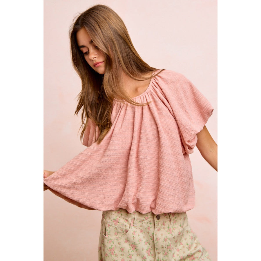 BiBi Stripes Textured Shirred Neckline Bubble Hem Top Apparel and Accessories