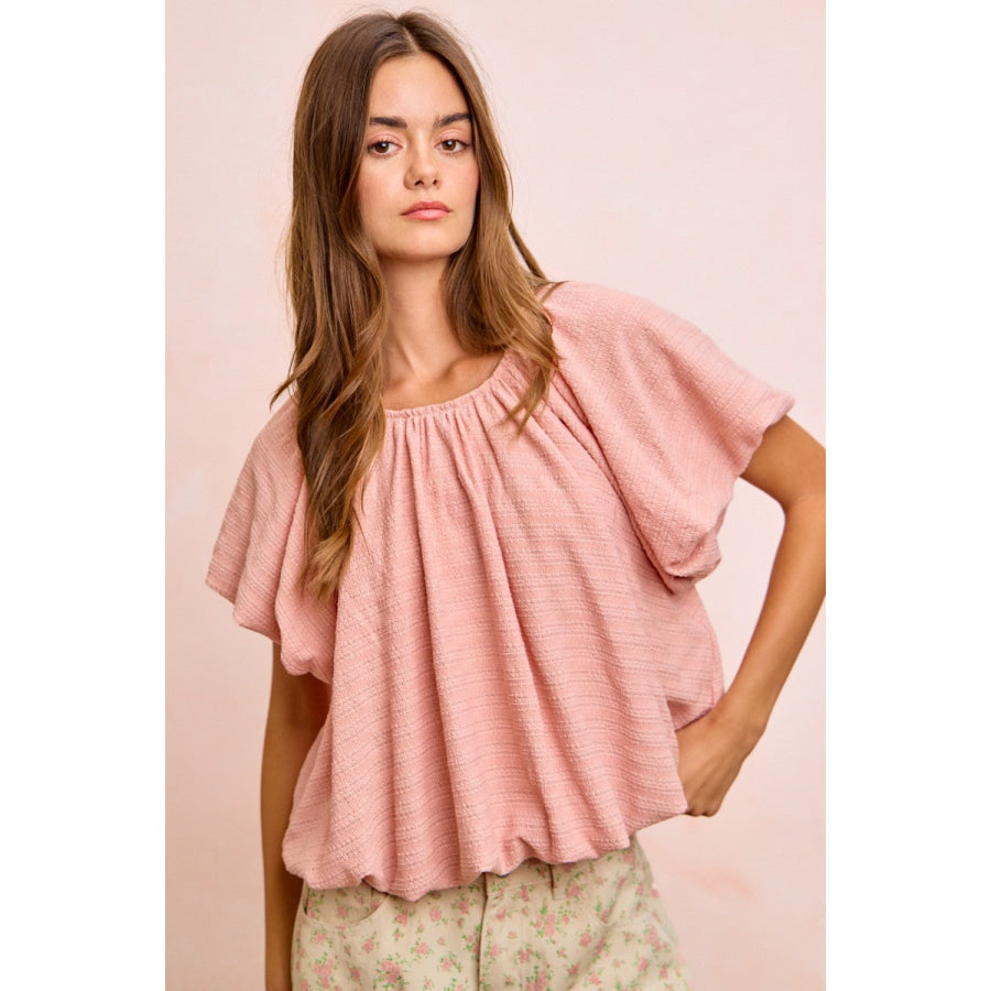 BiBi Stripes Textured Shirred Neckline Bubble Hem Top ROSE / S Apparel and Accessories