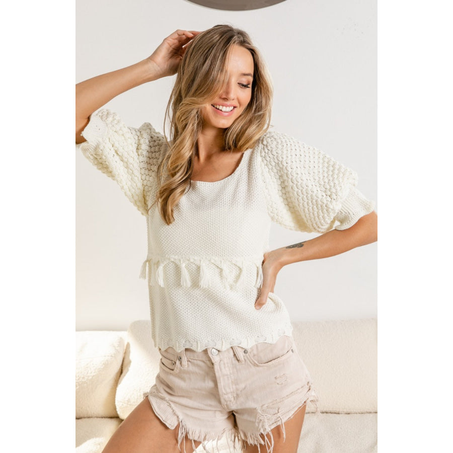 BiBi Tassel Detail Textured Square Neck Sweater Apparel and Accessories