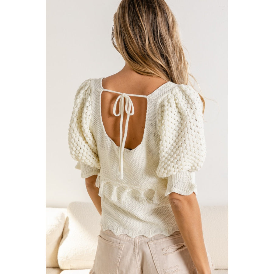 BiBi Tassel Detail Textured Square Neck Sweater Ivory / S Apparel and Accessories