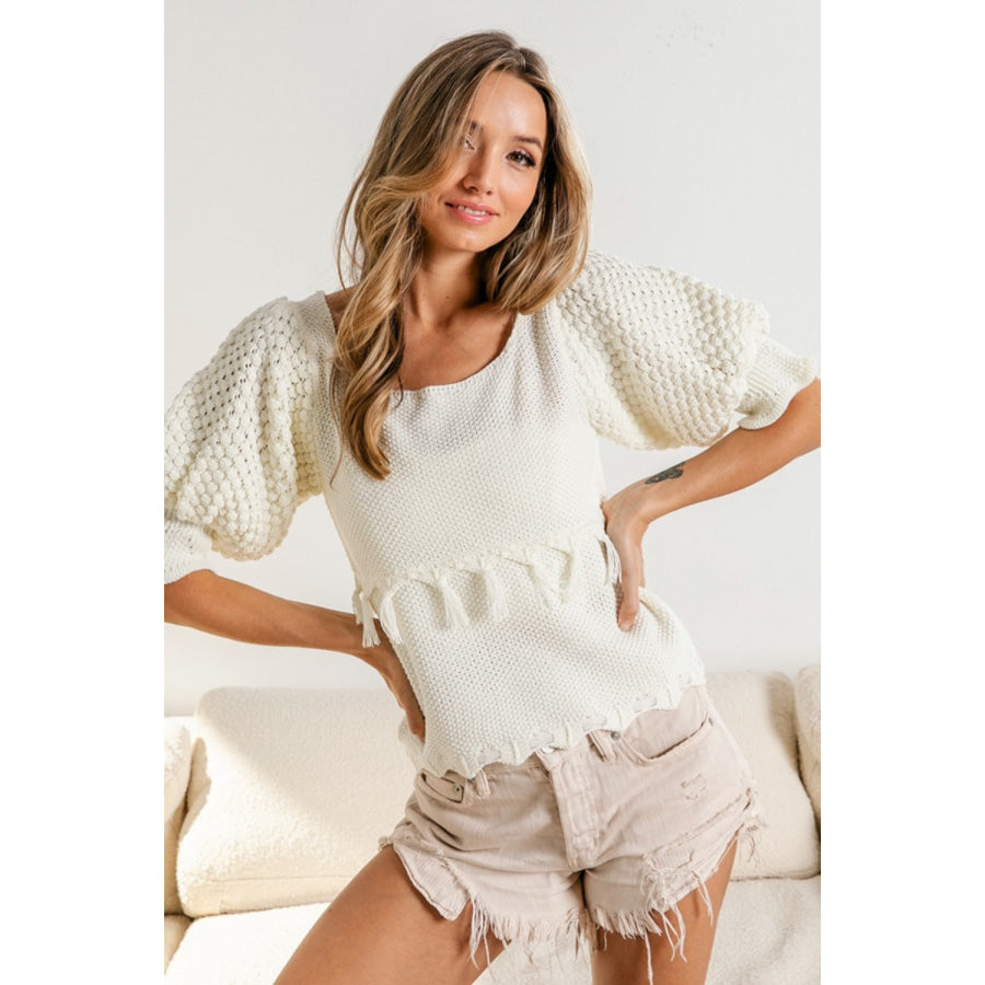BiBi Tassel Detail Textured Square Neck Sweater Ivory / S Apparel and Accessories