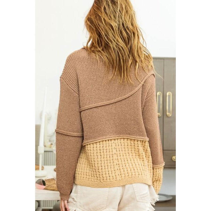 BiBi Texture Detail Contrast Drop Shoulder Sweater MOCHA BROWN COMBO / S Apparel and Accessories